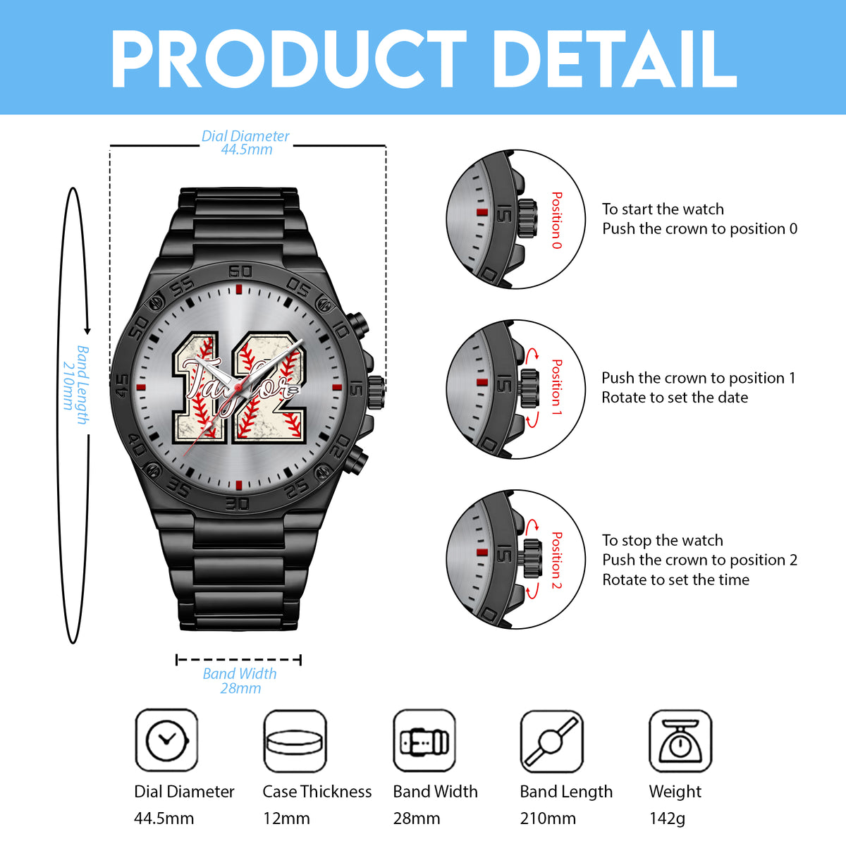 Personalized Baseball Custom Name & Number Watch Father's Day Gift For Him