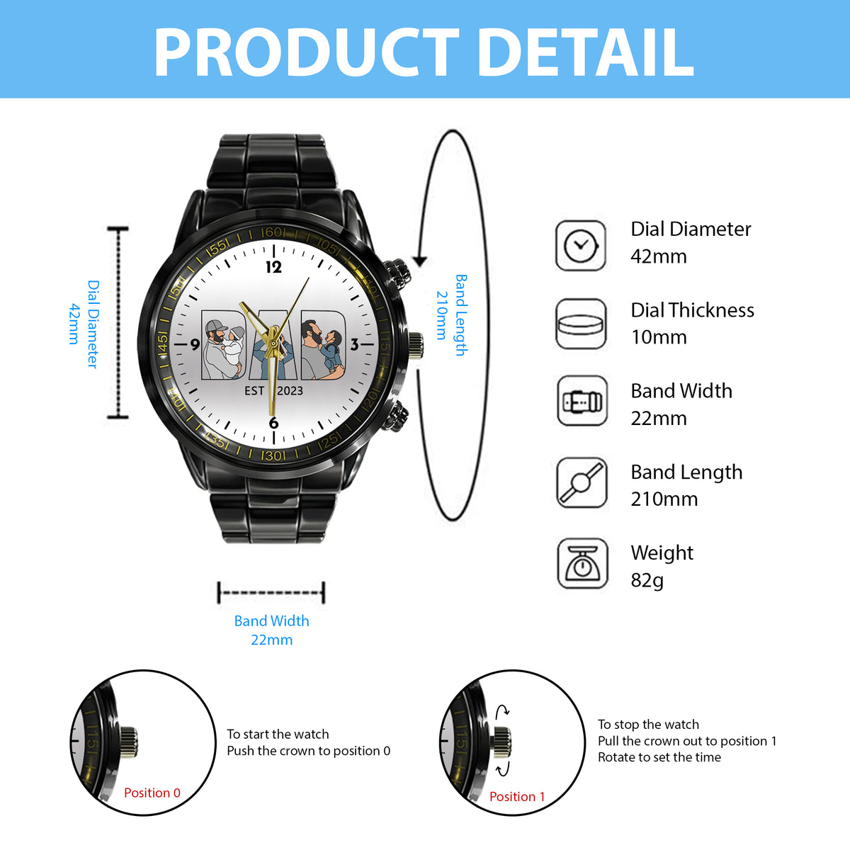 Father's Day Gift For Dad Personalized Alloy Quartz Watch with 3 Family Photos for Dad
