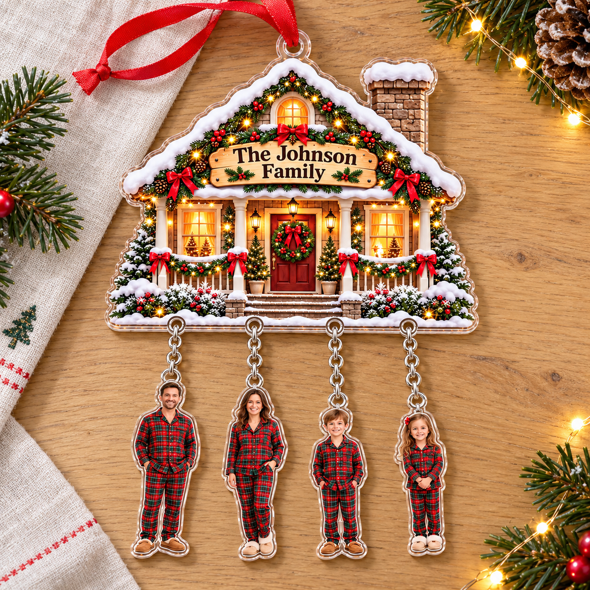 Personalized Family Photo Christmas Ornament, Custom Family Name House with Hanging Photo Charms, Holiday Keepsake Gift