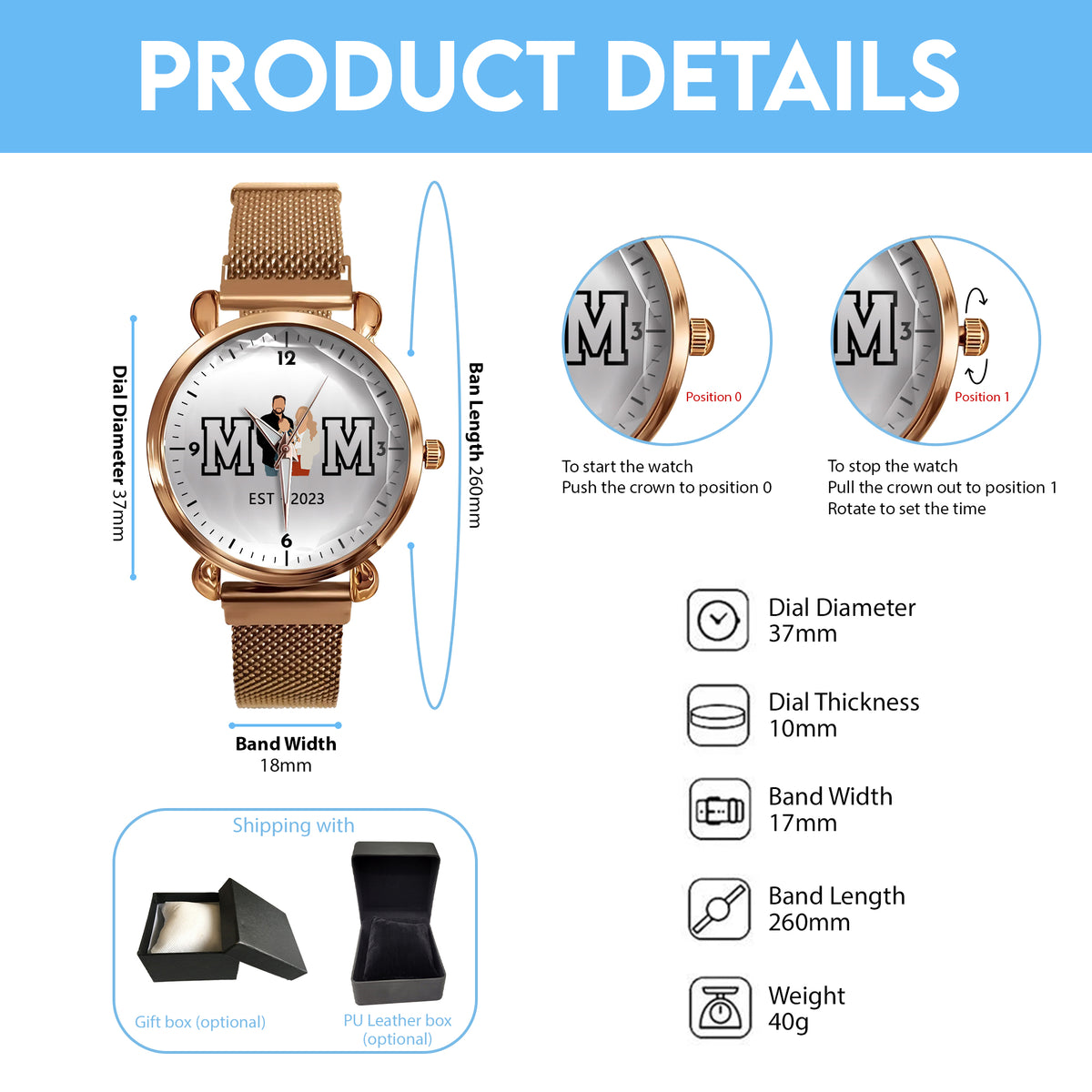 Mother's Day Gift For Mom Personalized Photos MOM EST Mesh Strap Quartz Watch