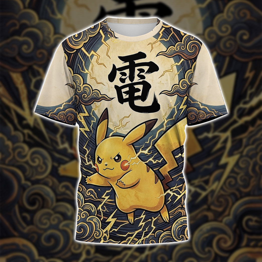 Anime PKM Pikachu Japanese Kanji Aesthetic All Over Printed Sweatshirt Hoodie Zip Hoodie T-Shirt