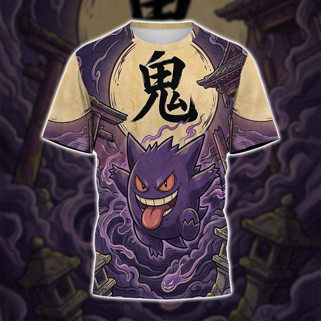 Anime PKM Gengar Japanese Kanji Aesthetic All Over Printed Sweatshirt Hoodie Zip Hoodie T-Shirt