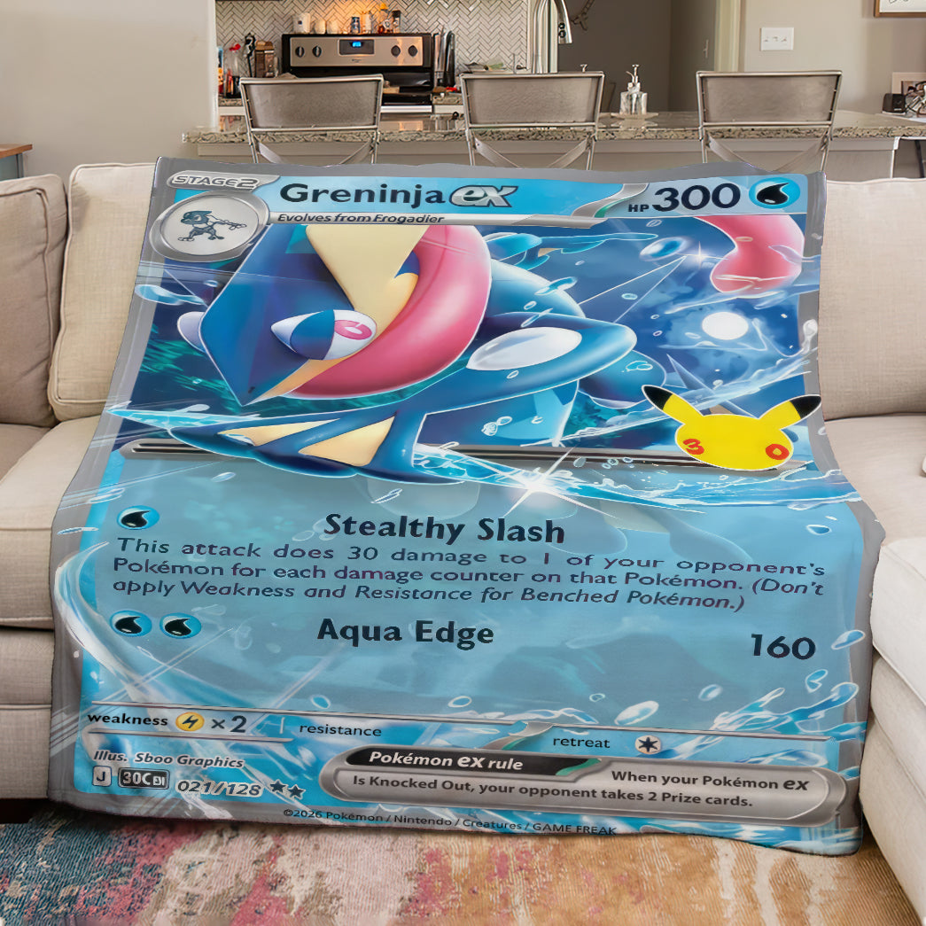 Greninja PKM Custom Fleece Blanket – Personalized Trading Card Throw Blanket