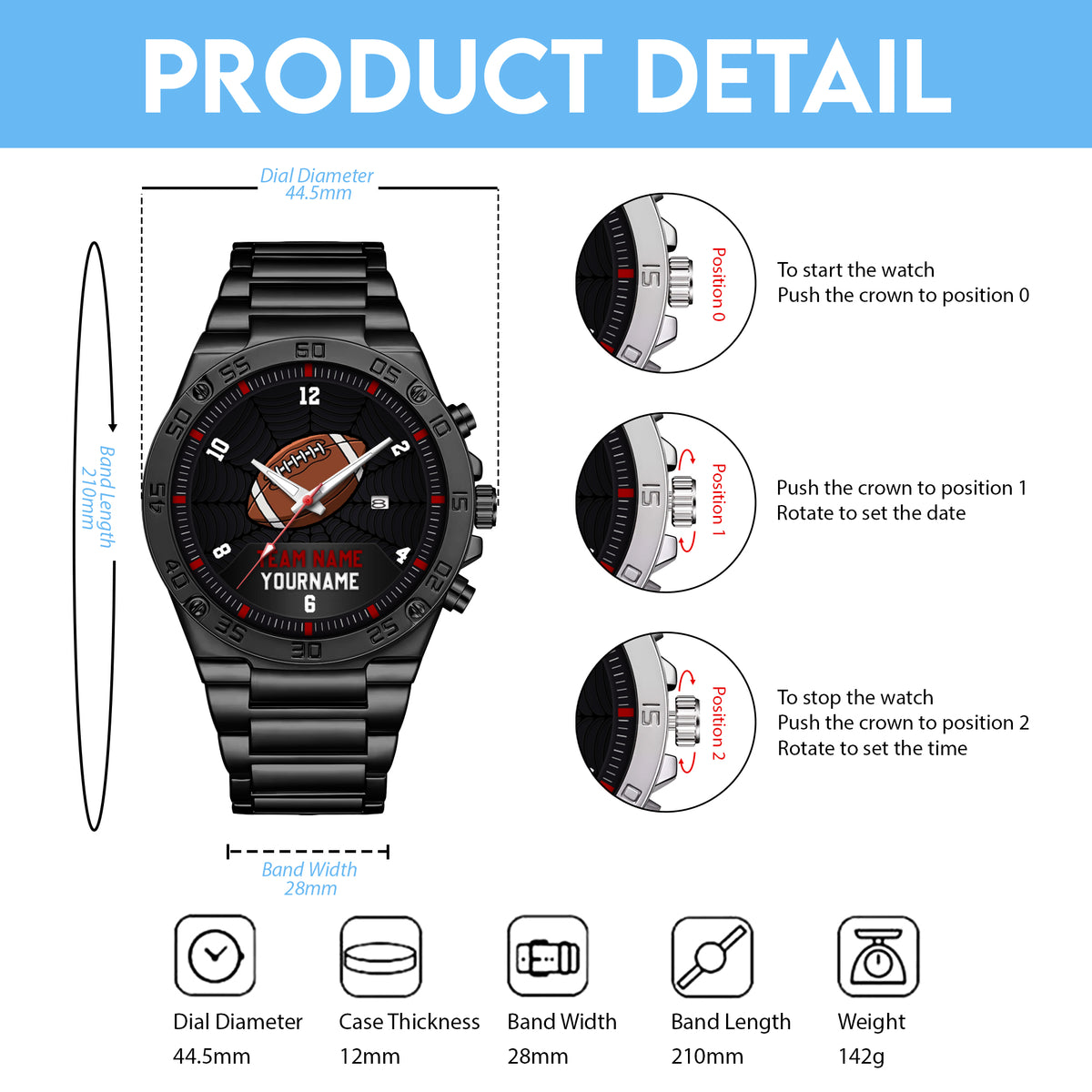 American Football Personalized Team Name & Name Quartz Watch