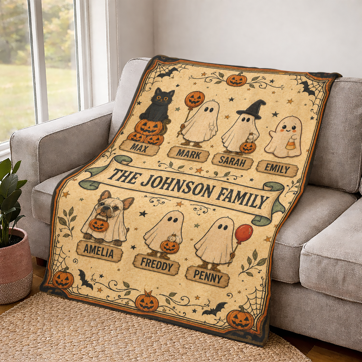 Personalized Halloween Family Members Custom Fleece Blanket