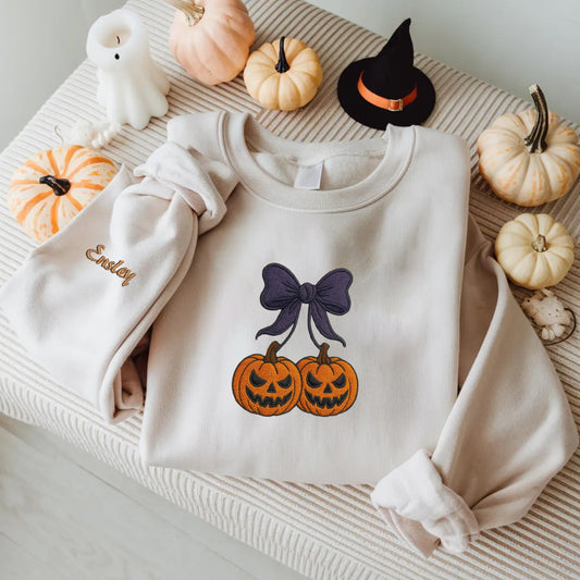 Halloween Personalized Embroidered Cherry Pumpkin Hoodie Sweatshirt T-Shirt