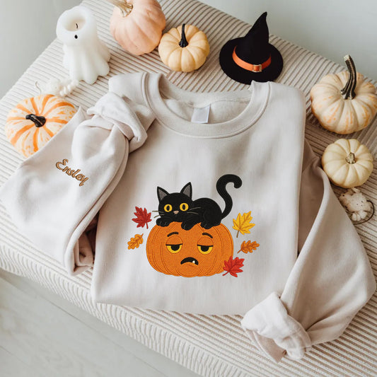 Halloween Personalized Embroidered Cat & Pumpkin Hoodie Sweatshirt T-Shirt