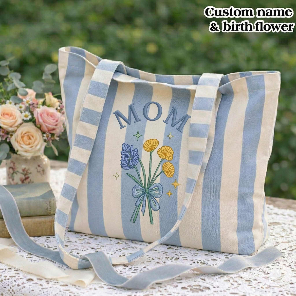 Embroidered Custom Birth Month Flower Tote Bag - Vintage Striped Beach Tote