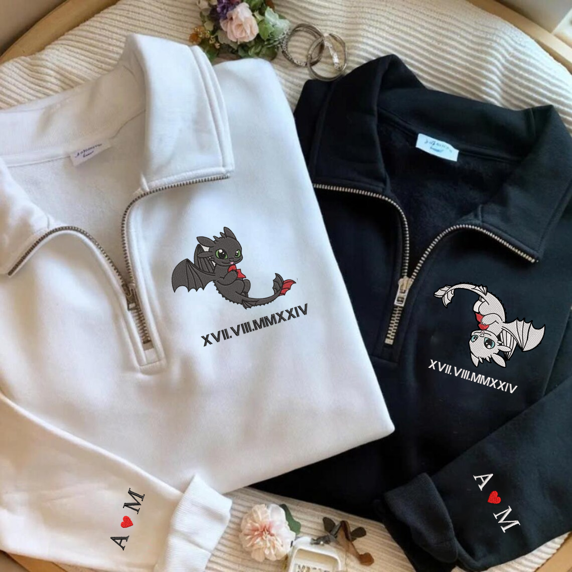 Valentine Personalized Embroidered Roman Numeral Dragon Couple Hoodie Sweatshirt T-Shirt