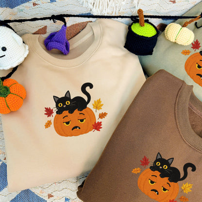 Halloween Personalized Embroidered Cat & Pumpkin Hoodie Sweatshirt T-Shirt