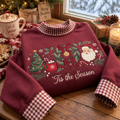 Embroidered Christmas Sweatshirt, Tis the Season Santa and Wreath Design, Green Gingham Collar Holiday Pullover - DL03041026