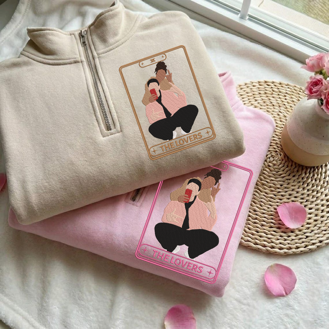 Valentine Personalized Embroidered The Lovers Tarot Card Photo Hoodie Sweatshirt T-Shirt