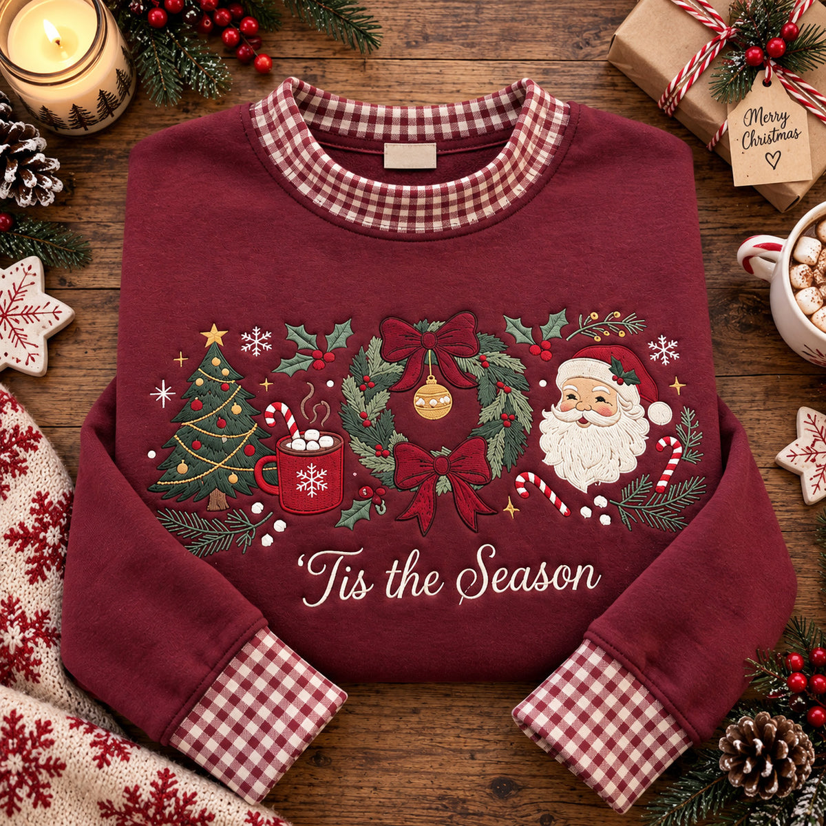 Embroidered Christmas Sweatshirt, Tis the Season Santa and Wreath Design, Green Gingham Collar Holiday Pullover - DL03041026