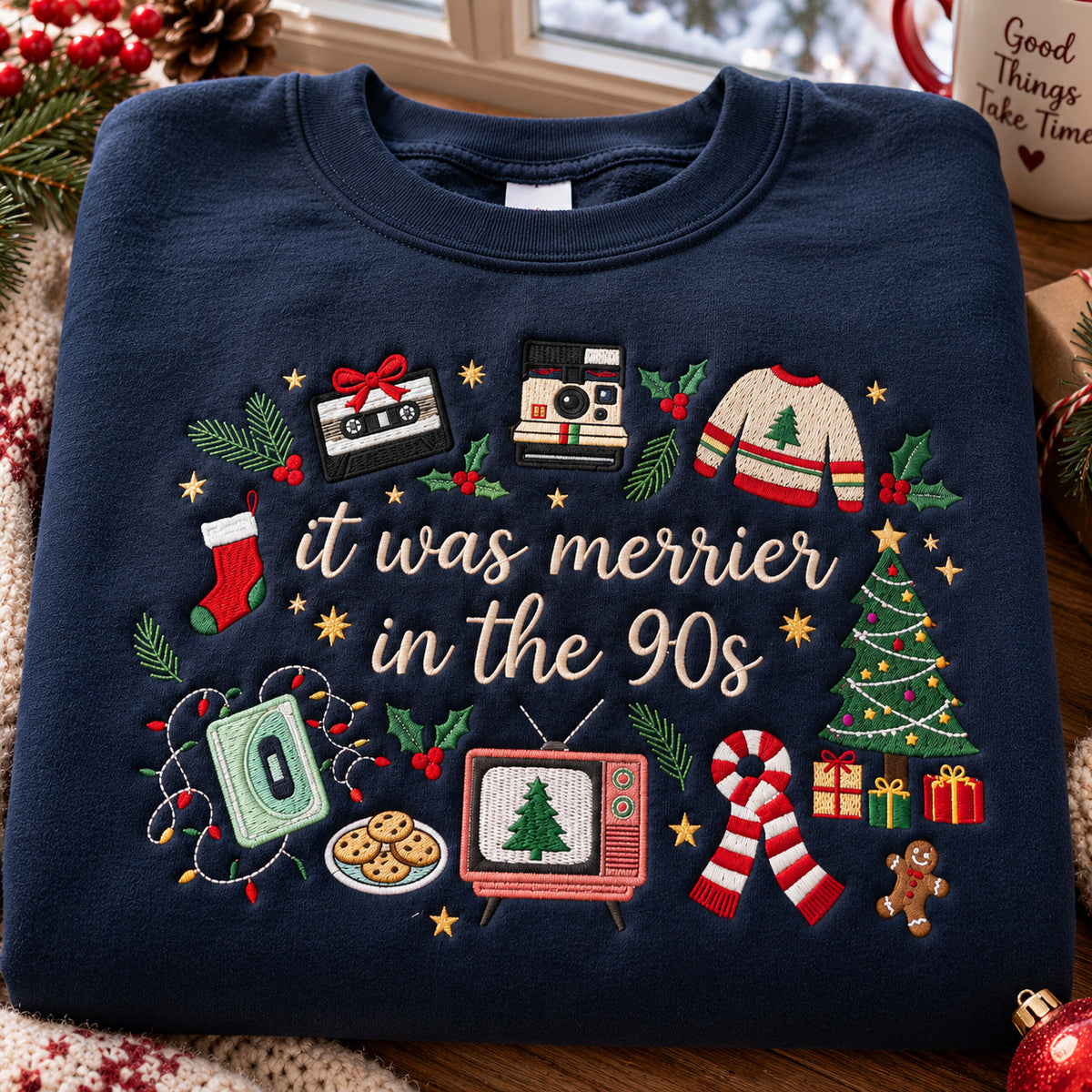 It Was Merrier in the 90s Embroidered Christmas Sweatshirt, Retro Holiday Crewneck - DL09041026