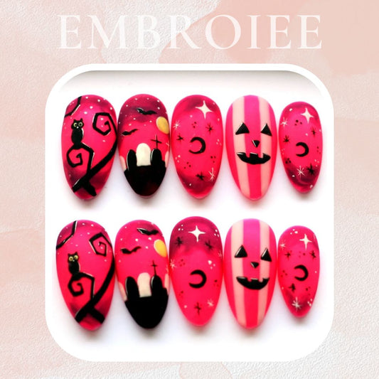 Super Pink Halloween Hand-painted Press On Nails