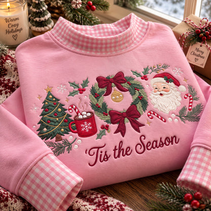 Embroidered Christmas Sweatshirt, Tis the Season Santa and Wreath Design, Green Gingham Collar Holiday Pullover - DL03041026