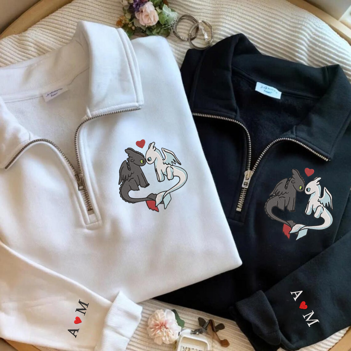 Valentine Personalized Embroidered Dragon Couple Hoodie Sweatshirt T-Shirt