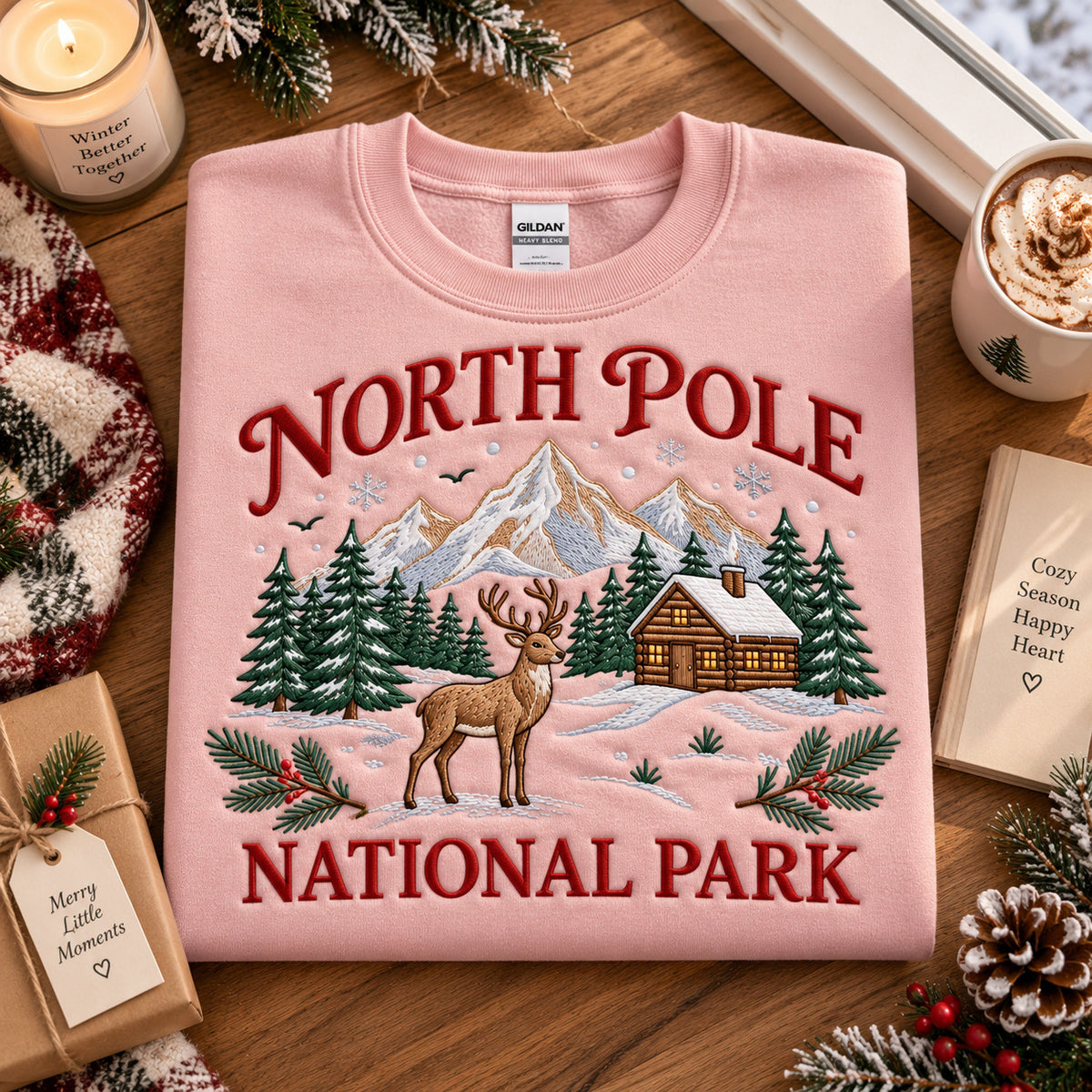 North Pole National Park Embroidered Sweatshirt, Reindeer and Cabin Winter Scene, Christmas Crewneck - DL19161026