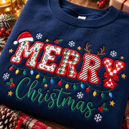 Merry Christmas Embroidered Sweatshirt, Festive Patchwork Lettering and Holiday Lights Crewneck - DL04061026