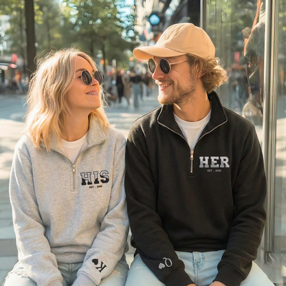Valentine Custom Embroidered Sweatshirt, HIS HER Couples Quarter-Zip Sweatshirt, Initial With Heart On Sleeve, Valentines Day Gift Hoodie Sweatshirt T-Shirt