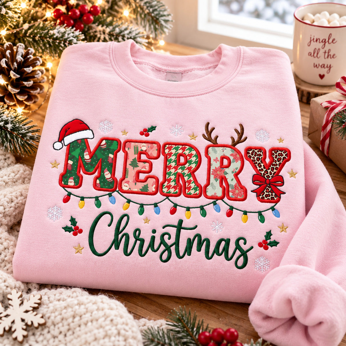 Merry Christmas Embroidered Sweatshirt, Festive Patchwork Lettering and Holiday Lights Crewneck - DL04061026