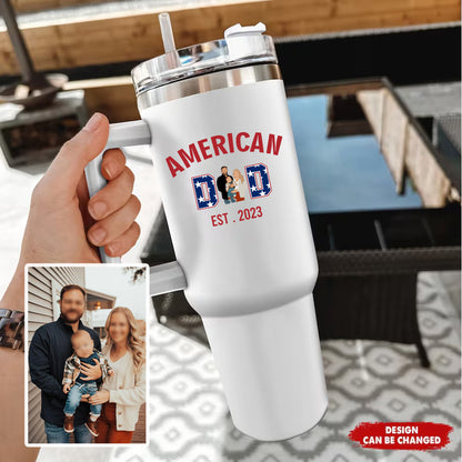 American Dad Personalized Text 40oz Insulated Mug with Handle and Straw Stainless Steel Custom Travel Cup Gift for Family Friends Couples