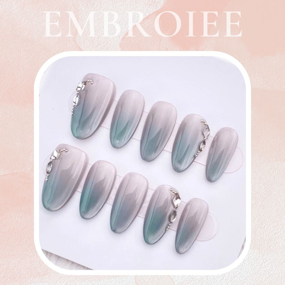 Ombre Blue Gray Cat Eyes Hand-painted Press On Nails