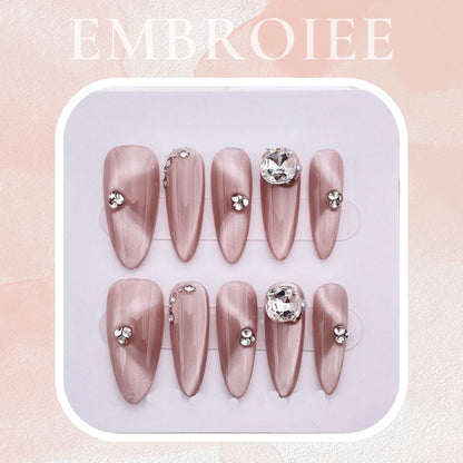 Ribbon Pink Cat Eye Hand-painted Press On Nails