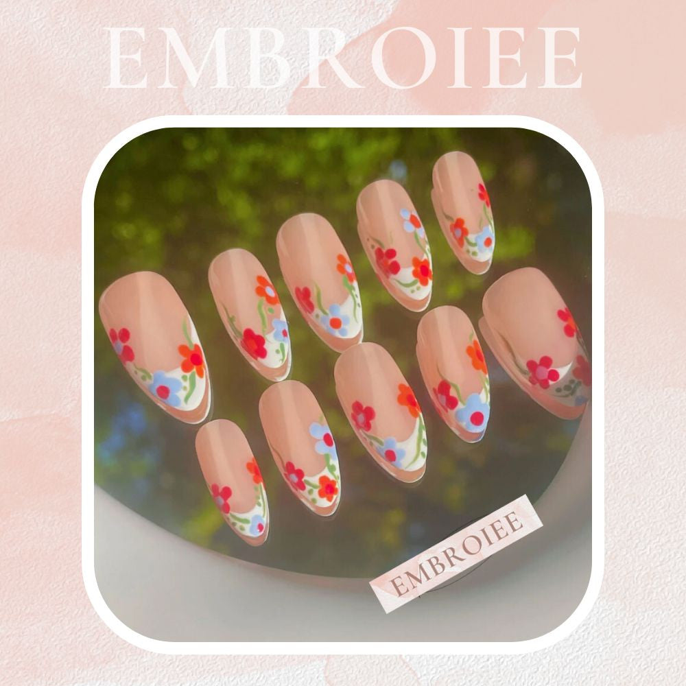 "Blossom" Colorful Spring Flowers White Frenchtip Hand-painted Press On Nails