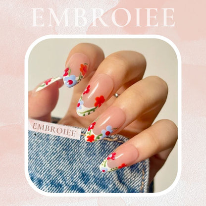 "Blossom" Colorful Spring Flowers White Frenchtip Hand-painted Press On Nails