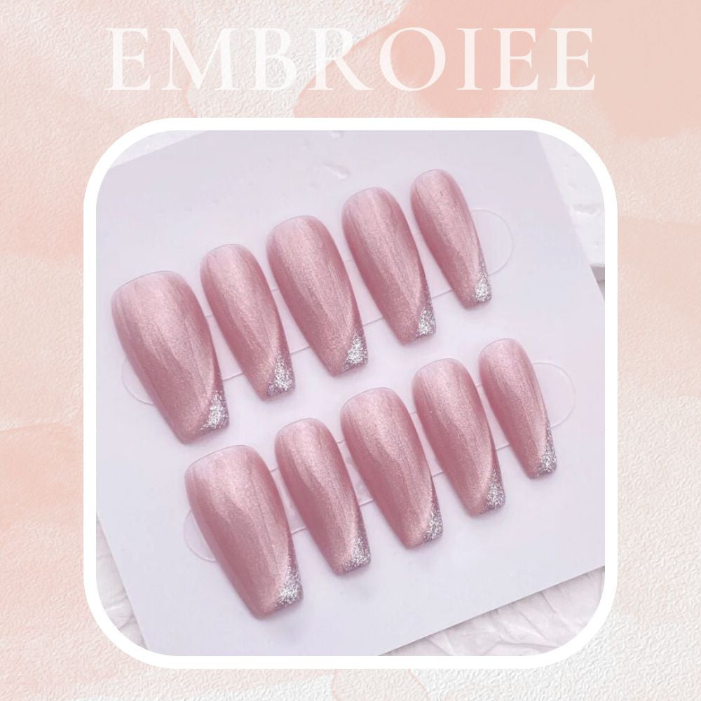 Nude Pink Sequins French Tip Hand-painted Press On Nails