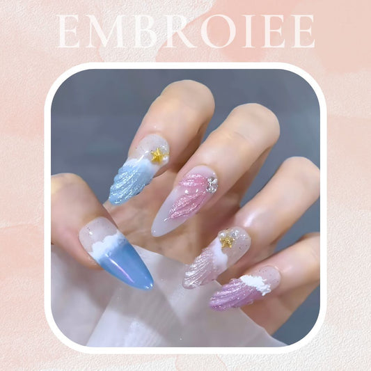 Pink And Blue Ocean-Inspired Hand-painted Press On Nails