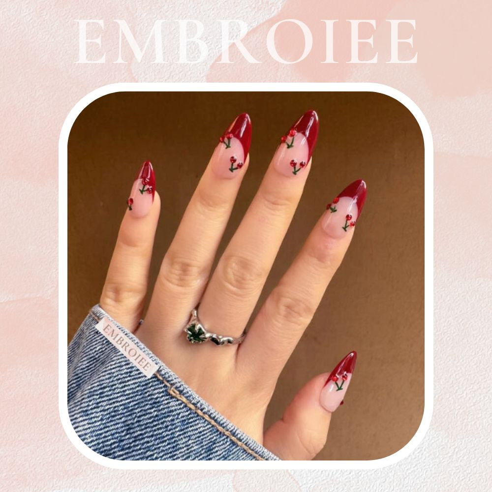 "Red Wine Cherries" Burgundy Red Frenchtip Cherry Hand-painted Press On Nails