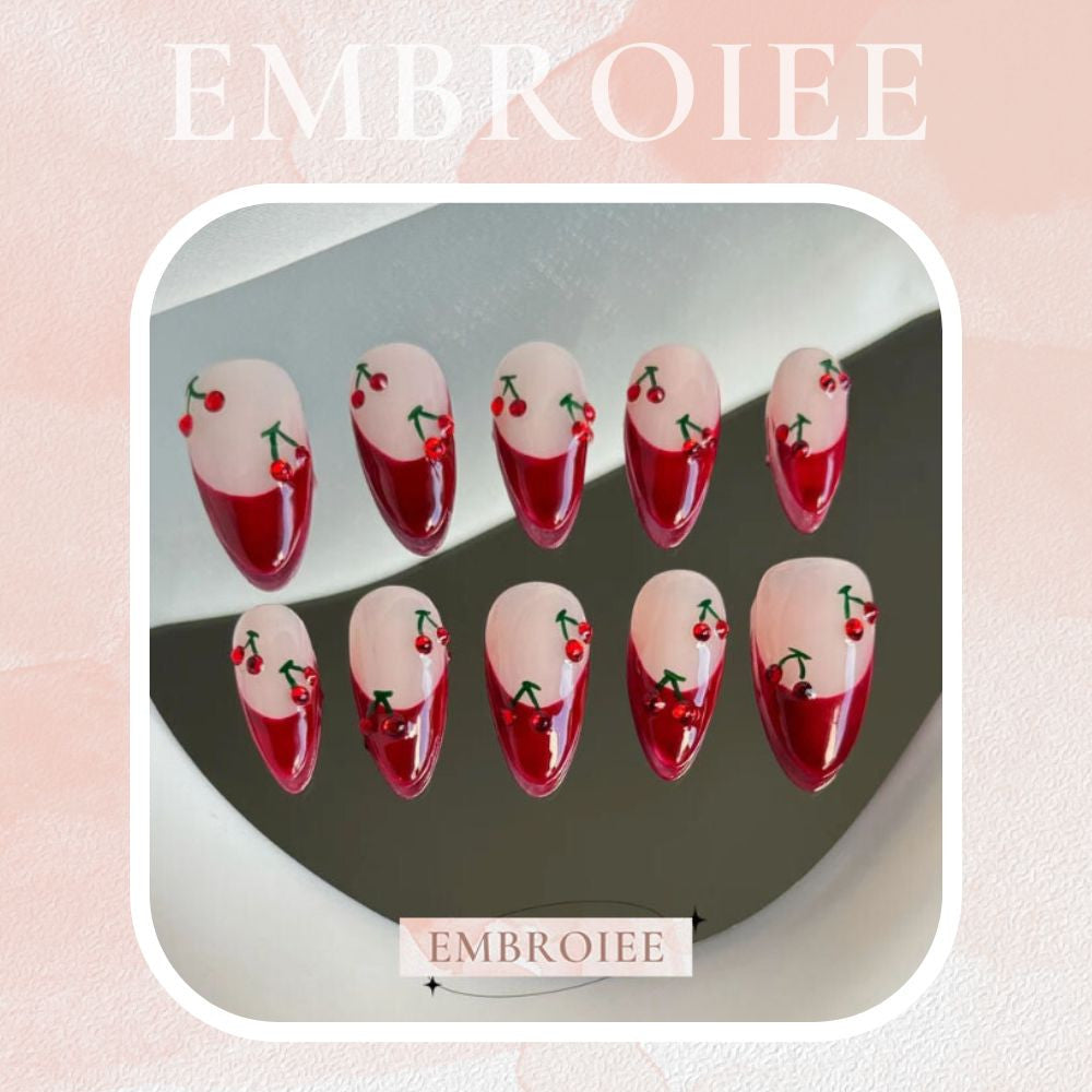 "Red Wine Cherries" Burgundy Red Frenchtip Cherry Hand-painted Press On Nails