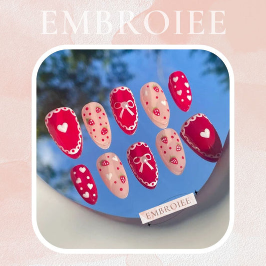 "Strawberry Cake" Cute Pink &Red Strawberry and Bowknot Hand-painted Press On Nails