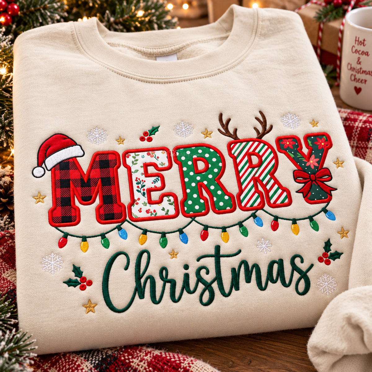 Merry Christmas Embroidered Sweatshirt, Festive Patchwork Lettering and Holiday Lights Crewneck - DL04061026