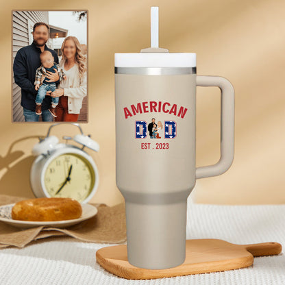 American Dad Personalized Text 40oz Insulated Mug with Handle and Straw Stainless Steel Custom Travel Cup Gift for Family Friends Couples