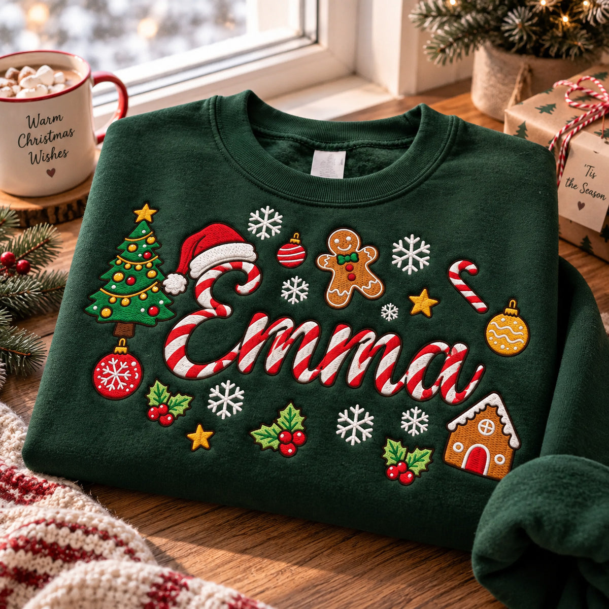 Personalized Christmas Sweatshirt, Custom Embroidered Name, Candy Cane Letters, Gingerbread and Christmas Tree Pullover - DL05041026