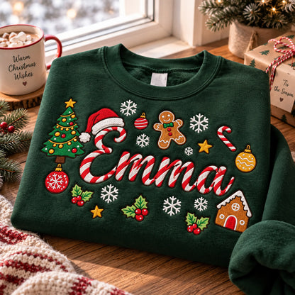 Personalized Christmas Sweatshirt, Custom Embroidered Name, Candy Cane Letters, Gingerbread and Christmas Tree Pullover - DL05041026