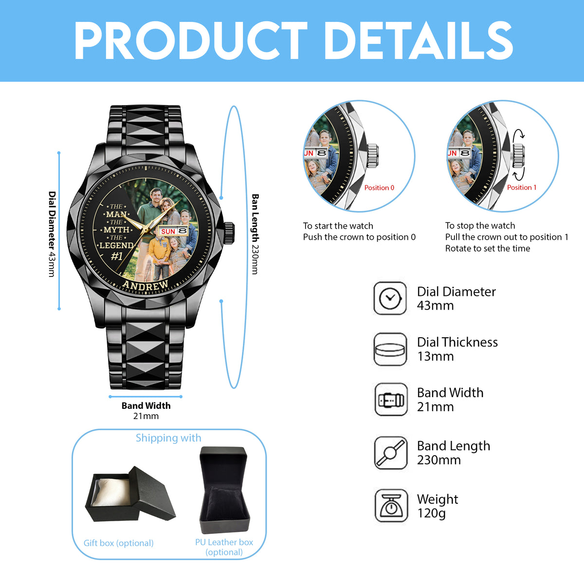 Personalized Family Photo The Man The Myth The Legend Watch Father's Day Gift For Dad