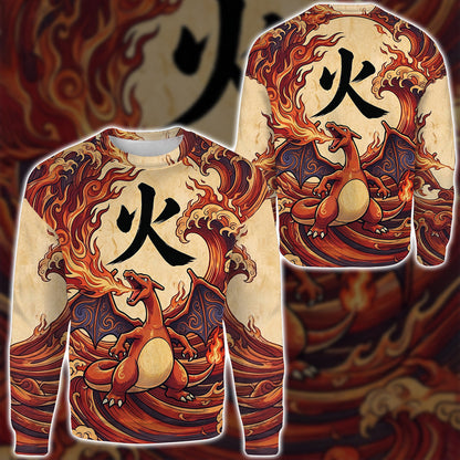 Anime PKM Charizard Japanese Kanji Aesthetic All Over Printed Sweatshirt Hoodie Zip Hoodie T-Shirt