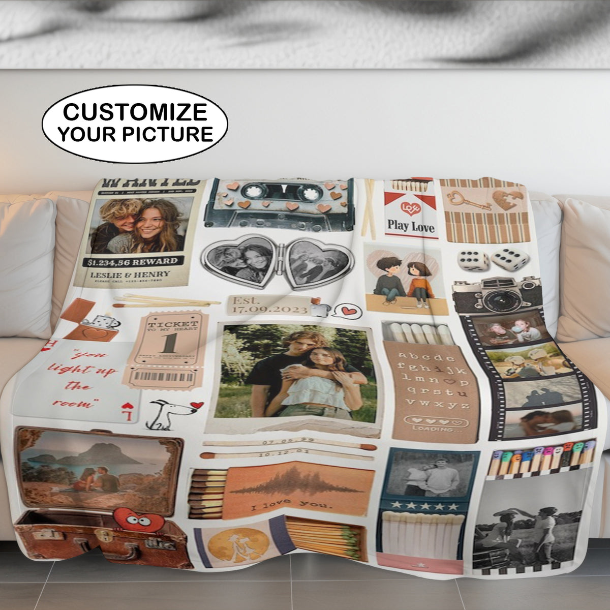 Couple Love Story Matchbook Collage Dopamine Decor - Personalized Blanket - Heartfelt Valentine, Anniversary Gift For Him, For Her