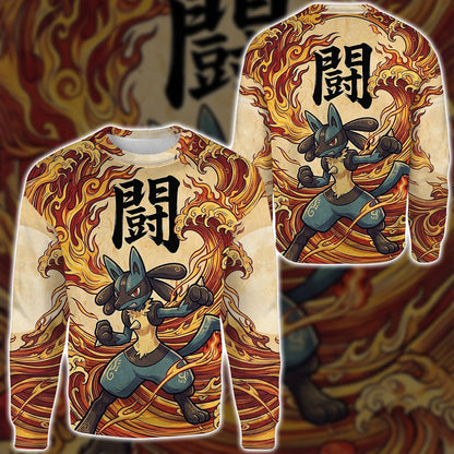 Anime PKM Lucario Japanese Kanji Aesthetic All Over Printed Sweatshirt Hoodie Zip Hoodie T-Shirt