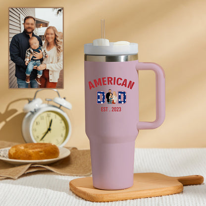 American Dad Personalized Text 40oz Insulated Mug with Handle and Straw Stainless Steel Custom Travel Cup Gift for Family Friends Couples