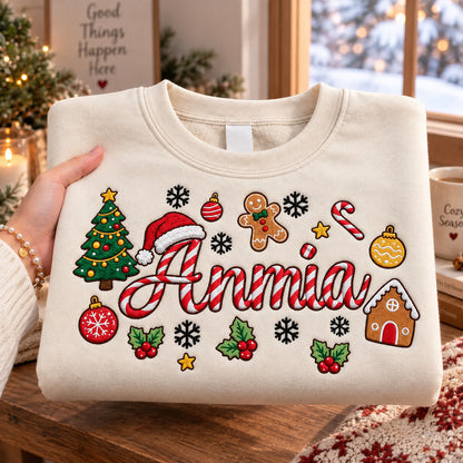 Personalized Christmas Sweatshirt, Custom Embroidered Name, Candy Cane Letters, Gingerbread and Christmas Tree Pullover - DL05041026
