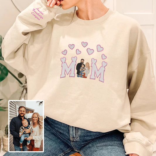 Mother's Day Personalized Embroidered Family Photo Mom Hearts Hoodie Sweatshirt T-Shirt