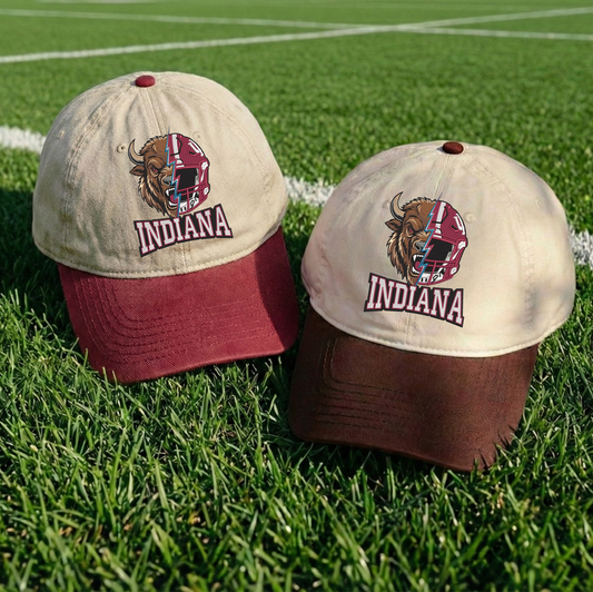 Embroidered Indiana Hoosiers Mascot And Helmet Vintage Style Trucker Hat, Dyed Cap