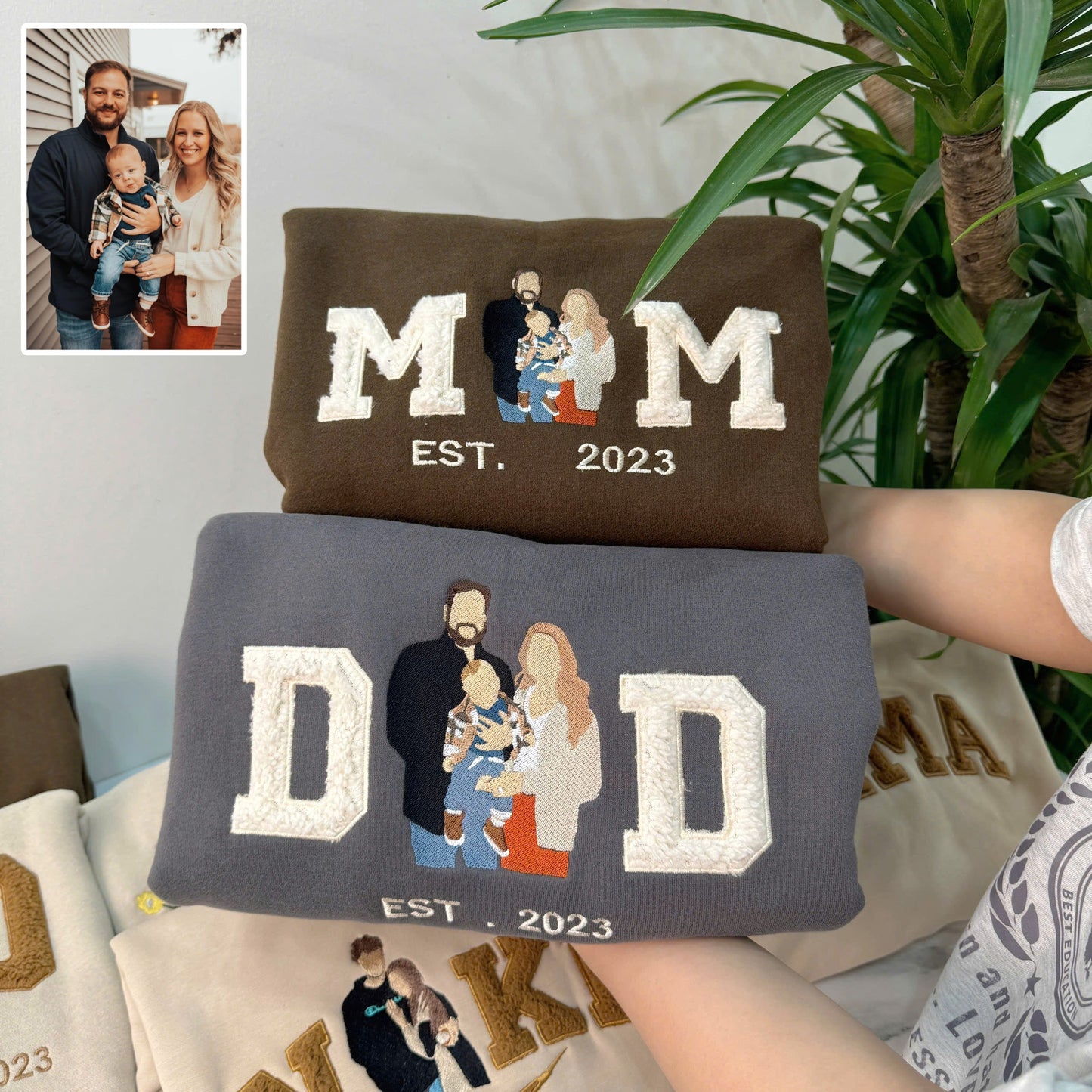 Father's Mother's Day Photo Personalized Fleece Fabric Embroidered DD MM Hoodie Sweatshirt T-Shirt