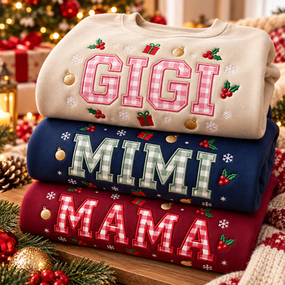 Embroidered Gigi Mimi Mama Christmas Sweatshirt, Gingham Holiday Pullover, Gift for Mom or Grandma - DL06161026