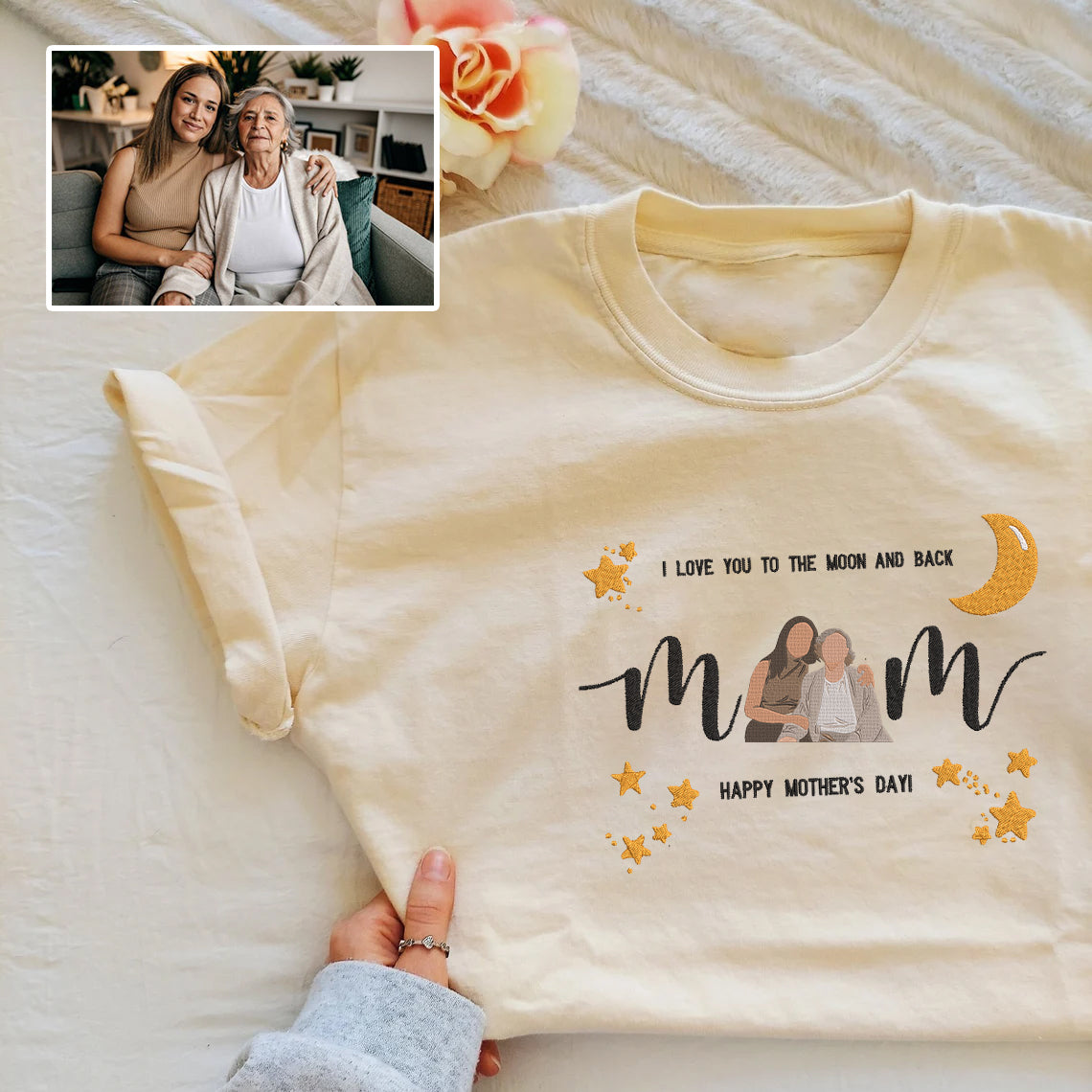 Mother's Day Personalized Embroidered I Love You To The Moon And Back Hoodie Sweatshirt T-Shirt